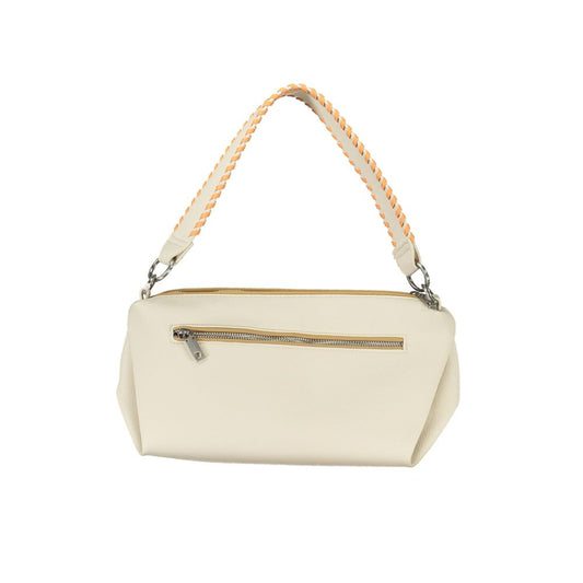 Desigual white polyethylene handbag with removable shoulder strap, external zip pocket, contrasting details, and logo.