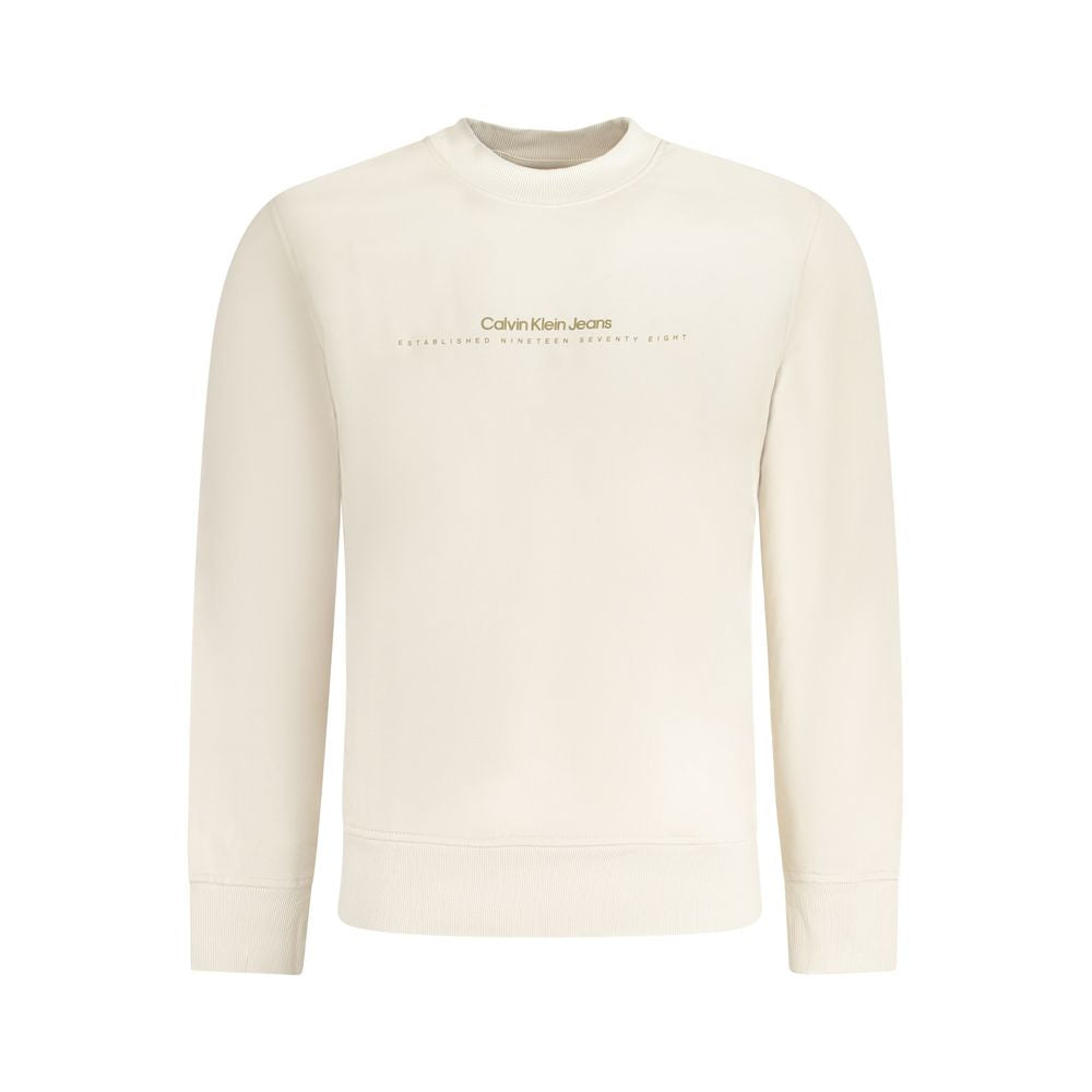 Calvin Klein Beige Cotton Men Sweater with logo print, long sleeve pullover showcasing stylish design in cream color.
