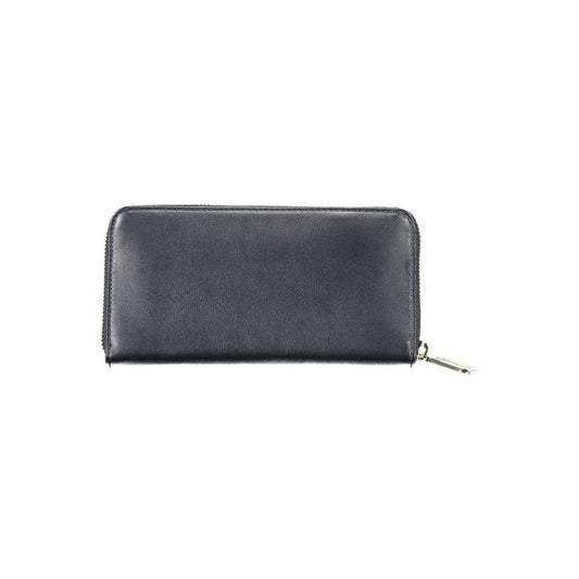 Tommy Hilfiger blue leather women's wallet with zip closure, featuring logo and multiple compartments for cards and coins.