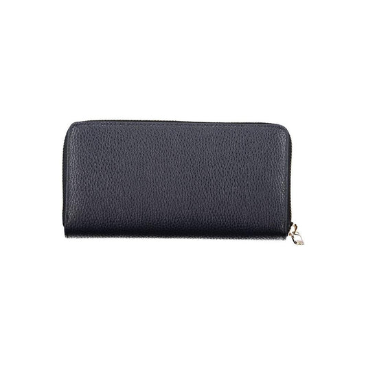 Tommy Hilfiger blue polyethylene women's wallet with zip closure and iconic logo, featuring 5 compartments for chic utility and style.