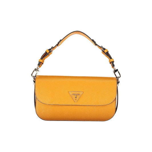 Guess Jeans orange polyethylene handbag with adjustable removable strap, exterior pocket, and logo. Brynlee bag style.