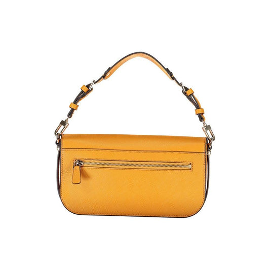 Orange polyethylene handbag with adjustable handle and shoulder strap, features zip closure, logo, and multiple compartments.