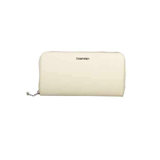 Calvin Klein beige polyethylene wallet with zip closure, 5 compartments, coin purse, card slots, and removable pull tab.