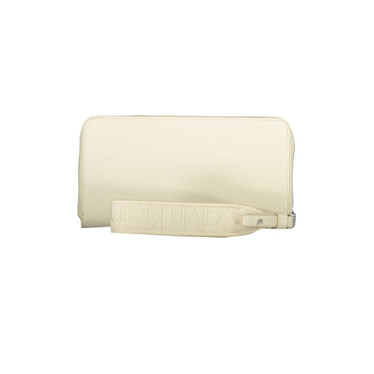 Calvin Klein beige polyethylene wallet with zip closure, card slots, coin purse, and removable handle.