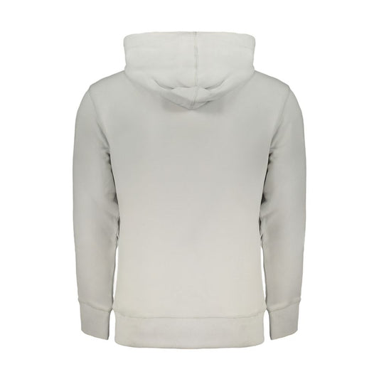 Back view of a Calvin Klein gray cotton sweater, long-sleeved with hood, featuring a central pocket and logo, made from 95% regenerative cotton.