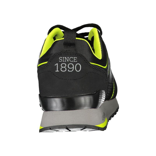 Back view of black U.S. POLO ASSN. sneakers with 'Since 1890' detail on heel, featuring sleek design and neon accents.