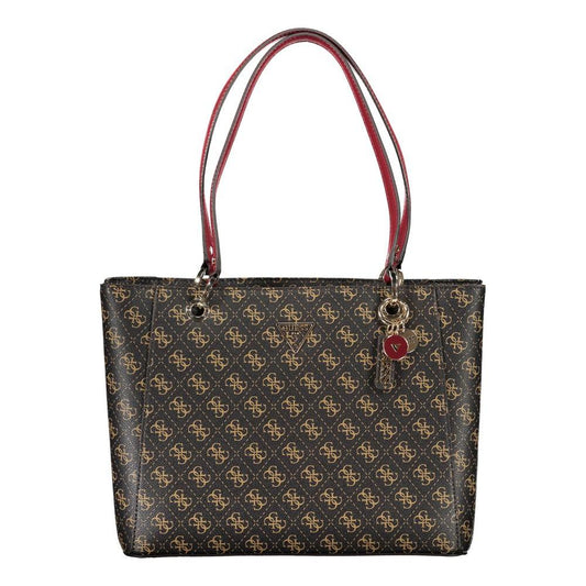 Guess Jeans brown polyethylene Noelle handbag with logo, red shoulder handles, external pocket, and protective feet.