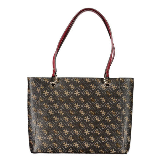 Guess Jeans brown polyethylene handbag with logo print, double handles, zip closure, protective feet, and multiple compartments.