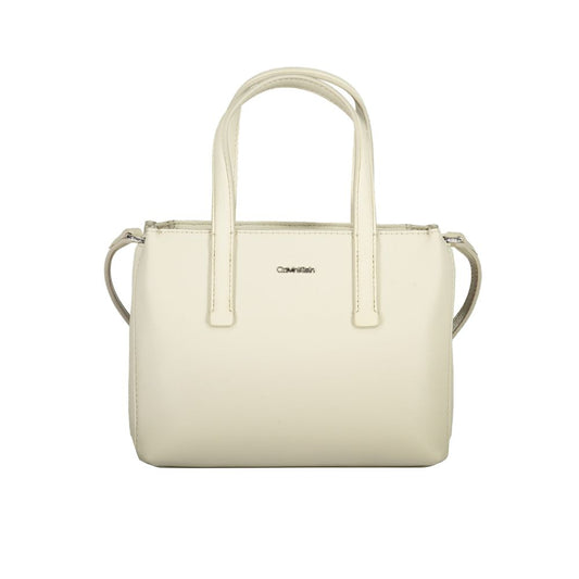 Calvin Klein beige polyester handbag with two handles, adjustable shoulder strap, internal card pocket, and zip closure
