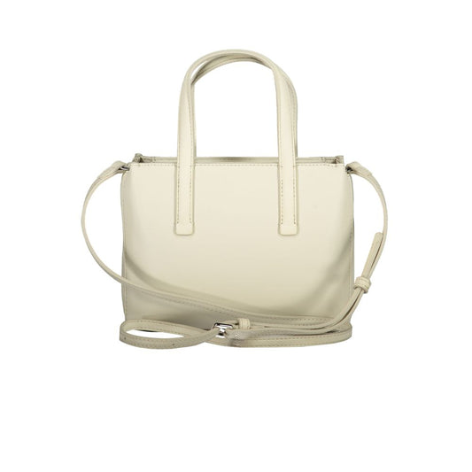 Calvin Klein beige polyester handbag with two handles, adjustable strap, internal card pocket, and zip closure.