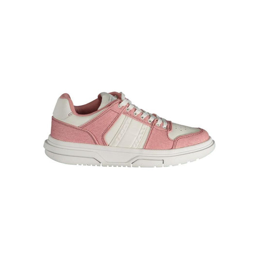Tommy Hilfiger pink polyester sneaker with laces, contrast details, and logo for sports footwear.