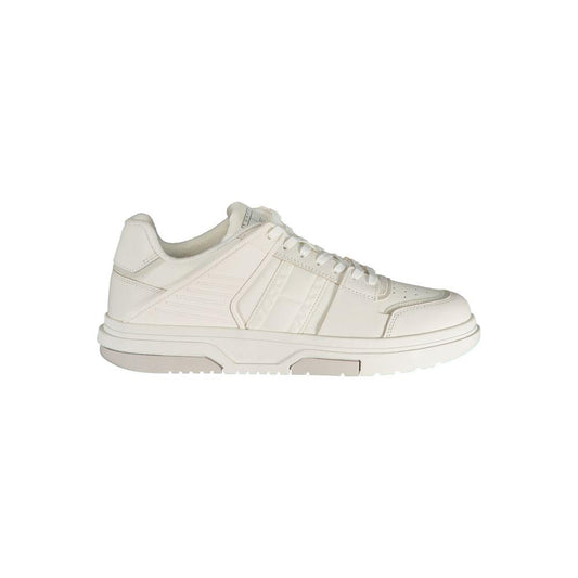 Tommy Hilfiger white leather men's sneaker with stylish contrasting details and bold logo, perfect for a trendy, fashion-forward look.