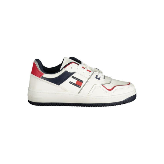Tommy Hilfiger white leather men's sneaker with iconic red and blue accents, showcasing a stylish athletic design and comfortable insole.