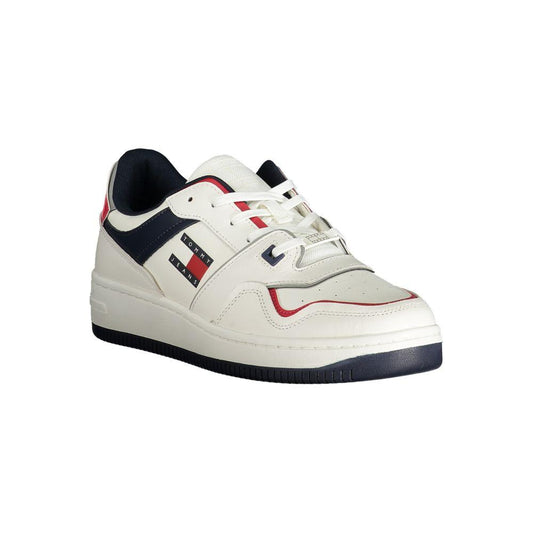 Tommy Hilfiger white leather men's sneaker with blue and red accents, lace-up design, and signature logo, perfect for athletic chic style.