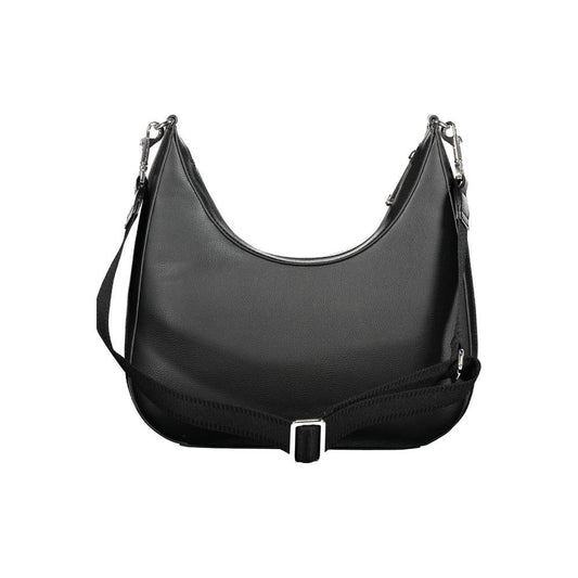 Tommy Hilfiger black polyester handbag with adjustable removable shoulder strap, internal pocket, contrasting details, and zip closure