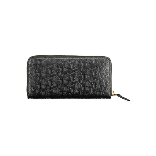 Ralph Lauren black leather wallet with 4 compartments, coin purse, card slots, contrasting details, zip closure, and embossed logo.