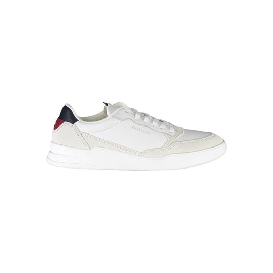 Tommy Hilfiger white leather men's sneaker with recycled materials, featuring eco-conscious design and signature logo accents.