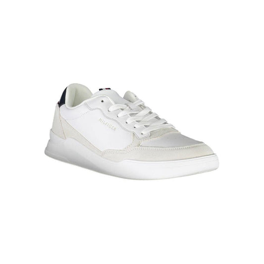 Tommy Hilfiger white leather men sneaker featuring eco-friendly recycled polyester and subtle logo accents.