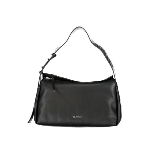 Calvin Klein black handbag with adjustable shoulder strap, zip closure, internal pocket, and logo, made from recycled polyester.