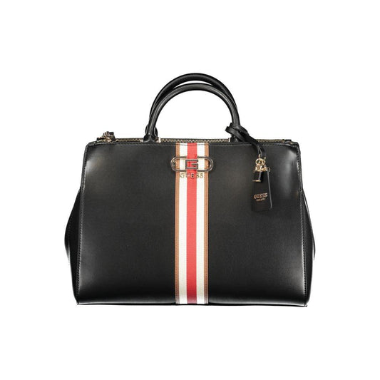 Guess Jeans black polyethylene handbag with red and white contrast stripe, dual handles, and detachable shoulder strap.