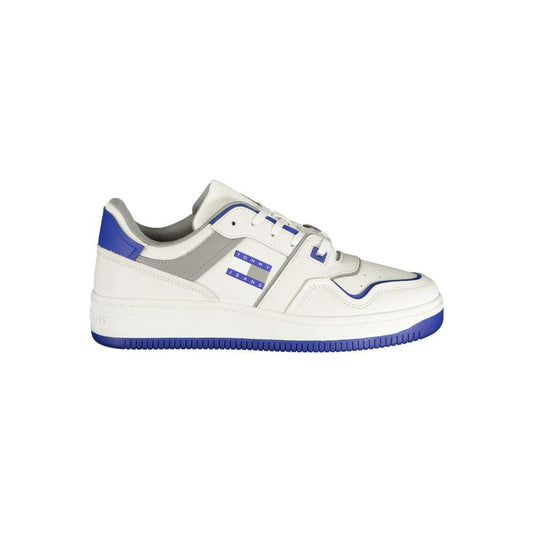 Tommy Hilfiger white men's sneaker with blue accents and logo, featuring stylish design and athletic flair.