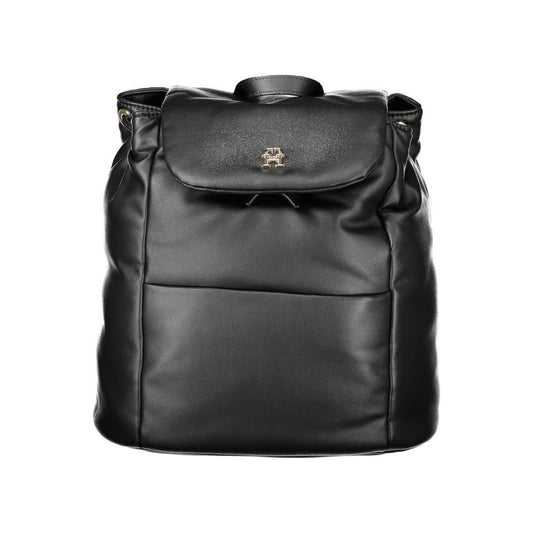 Tommy Hilfiger black women's backpack in sleek polyester with a structured design and external pocket for style and functionality.