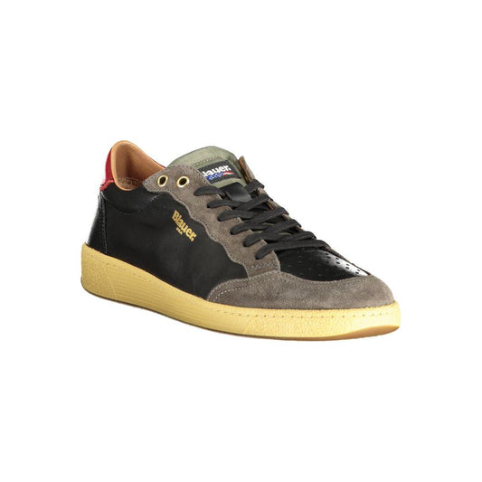 Blauer black leather men's sneaker with contrasting details and bold logo, featuring lace-up design and removable insole for comfort.
