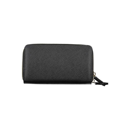 Valentino black polyethylene wallet with zip closure, double compartments, card slots, coin purse, and logo detail.