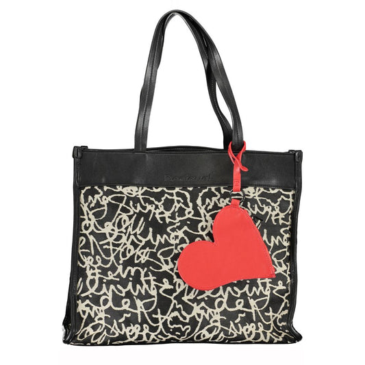 Desigual black polyester handbag with two shoulder handles, internal pocket, removable coin purse, contrast details, and zip closure.