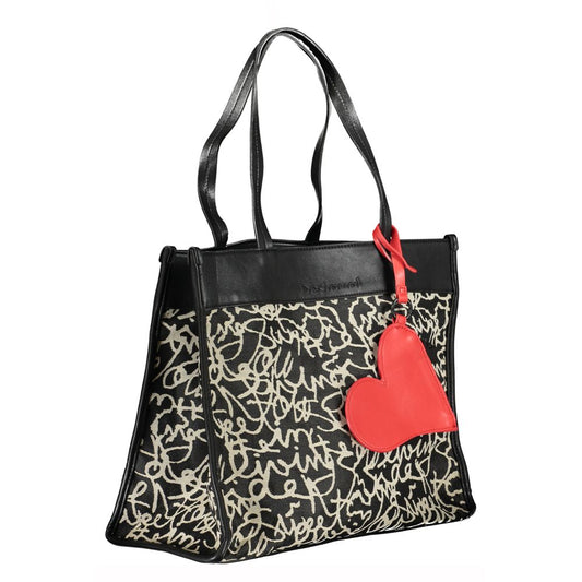 Desigual black polyester handbag with shoulder handles, internal pocket, removable coin purse, contrast details, and zip closure.