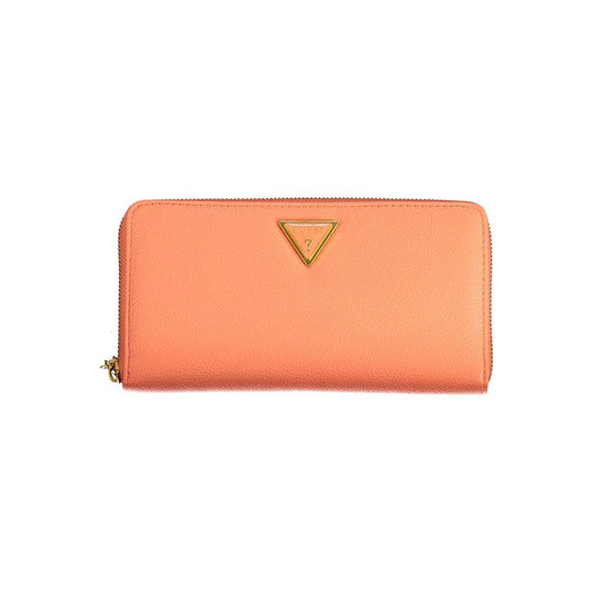 Guess Jeans orange polyethylene wallet with logo, zip closure, and multiple compartments.