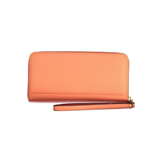 Guess Jeans orange polyethylene wallet with three compartments, coin purse, card slots, zip closure, and removable long pull.