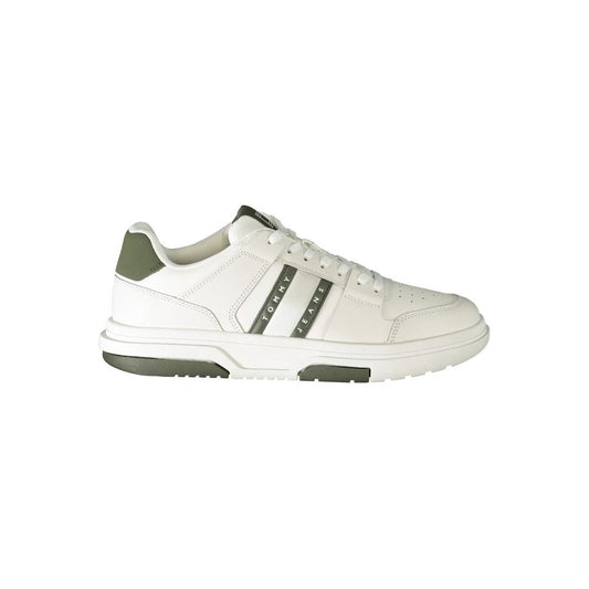 Tommy Hilfiger white sneaker with green details and logo, modern design for fashion-forward style, durable and comfortable men's shoe.