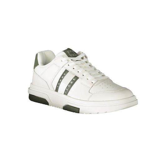 White men's sneaker with green accents and logo, featuring a modern design by Tommy Hilfiger for stylish comfort and durability.