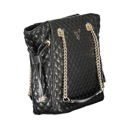 Guess Jeans Black Polyethylene Women Handbag with dual chain shoulder handles and quilted design on white background.