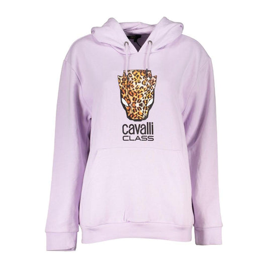 Cavalli Class purple cotton sweater with hood, featuring fleece, a printed design, and logo. Long-sleeved sweatshirt for stylish comfort.