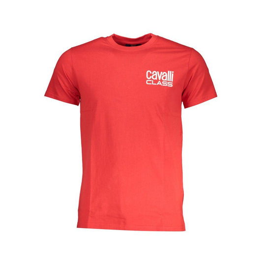 Cavalli Class red cotton t-shirt with short sleeves, crew neck, and logo print. Ideal for casual wear with a stylish design.