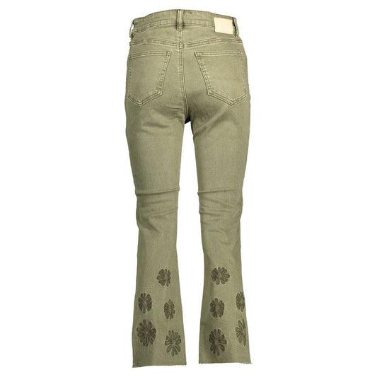 Back view of Desigual green women’s jeans with floral embroidery on legs, made from 98% cotton, featuring 5-pocket design.
