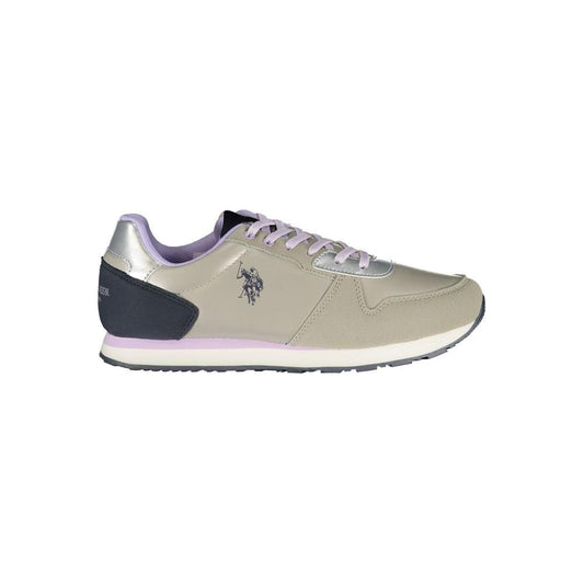 U.S. POLO ASSN. silver polyester sneaker with laces, contrast details, and logo print for sports.