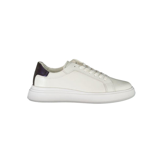Calvin Klein white contrast lace-up sneakers with sleek design and luxury logo, crafted from polyester, leather, and polyethylene.