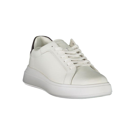 Calvin Klein sleek white lace-up sneakers with contrast details, luxury logo, polyester and leather blend, unisex fashion footwear
