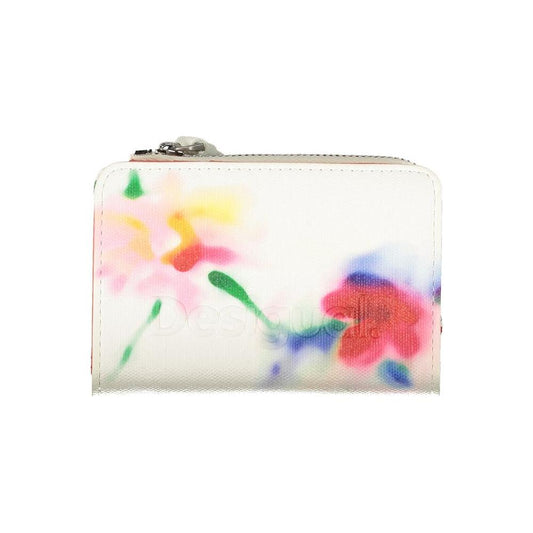 Desigual white polyester wallet with floral pattern, dual compartments, coin purse, card slots, contrasting details, and zip closure.