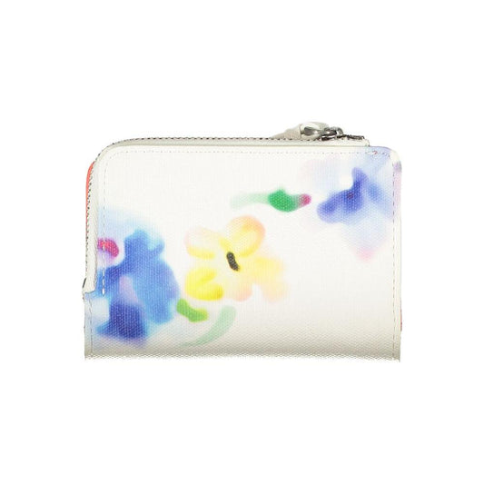 Desigual white polyester wallet with floral design, featuring zip closure and multiple compartments for coins and cards.