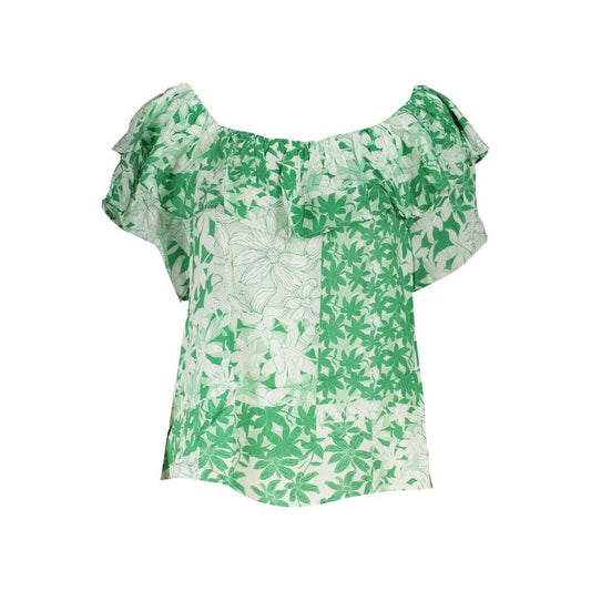 Green boho chic patterned tee by Desigual with floral print and boat neck, perfect for a vibrant, bohemian style. 100% cotton.