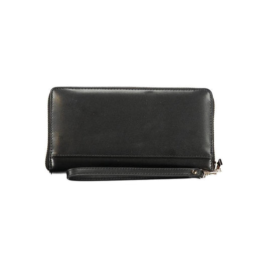 Guess Jeans black polyethylene wallet with dual compartments, coin purse, card spaces, zip closure, and removable drawer. Laurel SLG design.
