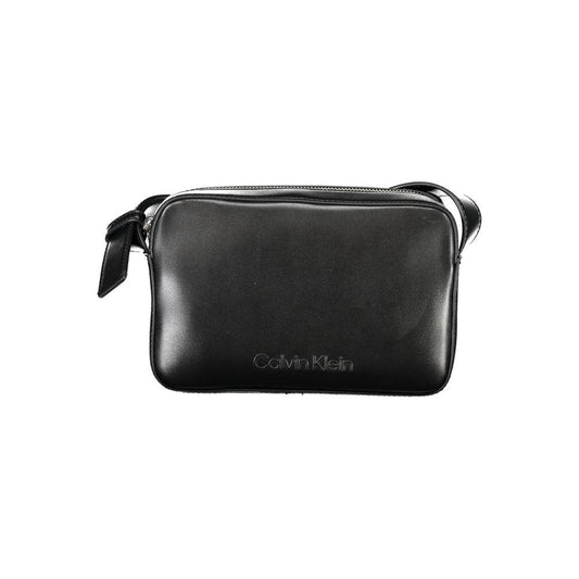 Calvin Klein black polyester women's handbag with zip closure, sustainable design, 50% recycled materials, single card pocket.