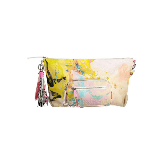 Colorful Desigual clutch bag with abstract design and tassels.