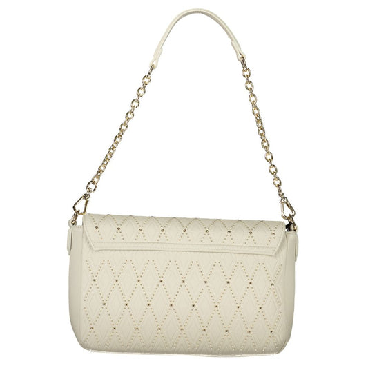 Valentino white polyethylene handbag with removable chain shoulder handle, adjustable strap, internal pockets, and logo detail