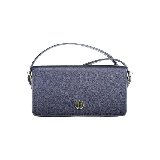 Tommy Hilfiger blue polyethylene women's handbag with adjustable strap and exterior pocket. Stylish and functional design.