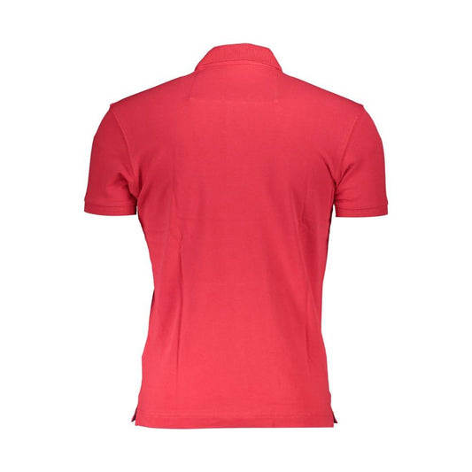 Back view of La Martina red cotton men’s polo shirt with short sleeves, featuring a slim fit and premium stretch material.